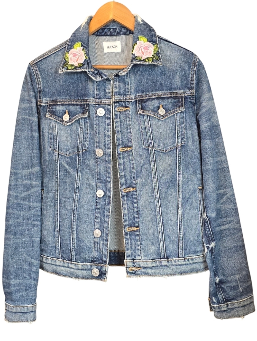 Hudson "The Classic" Distressed Denim Jean Trucker Jacket Rose Embroidery Size M
